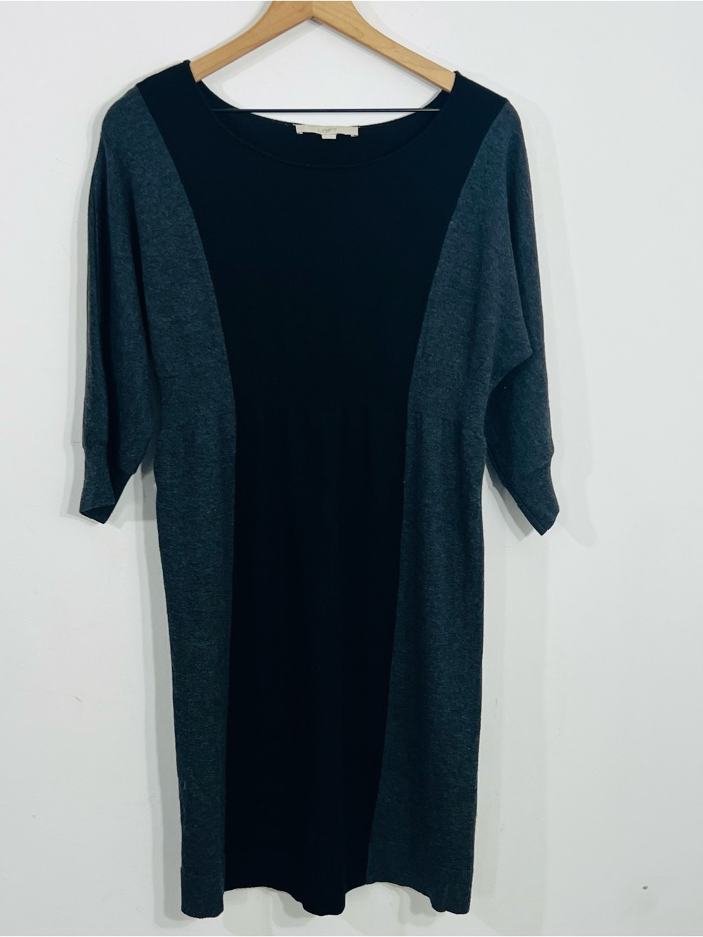Ann Taylor LOFT Black Gray Colorblock Knit Sweater Dress 3/4 Sleeve S/M Wool Mix